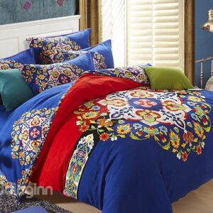 European Big Flowers Design Royal Blue 4-Piece Cotton Duvet Cover Sets