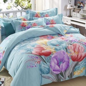 Splendid Colorful Flowers Print Blue Cotton 4-Piece Duvet Cover Sets