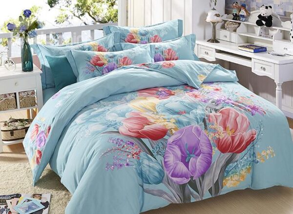 Splendid Colorful Flowers Print Blue Cotton 4-Piece Duvet Cover Sets