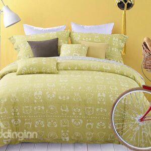 Cartoon Animals Print Refreshing Green 4-Piece Duvet Cover Sets