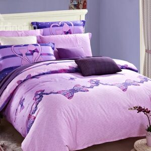 Couple Cat Bowknot Printing 4-Piece Purple Duvet Cover Sets