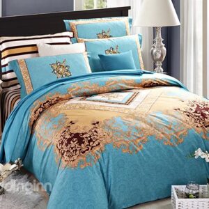 Light Blue European Jacquard Style 4-Piece Cotton Duvet Cover Sets