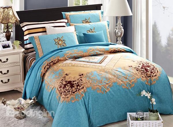 Light Blue European Jacquard Style 4-Piece Cotton Duvet Cover Sets