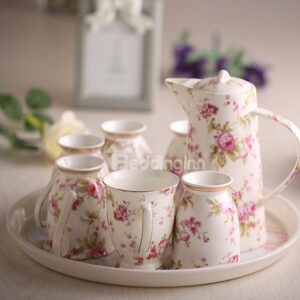 European Style Ceramic Floral Pattern Coffee Sets 6 Cups 1 Kettle