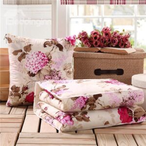Soft Convertable Quillow Elegent Flowers Patterned Blanket Car Pillow