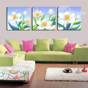 Beautiful White Floral Pattern 3-Panel Canvas Wall Art Prints
