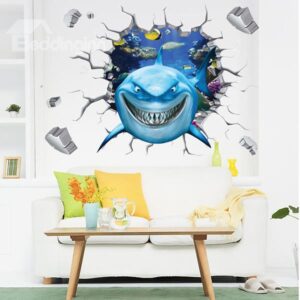 Cartoon Shark Through a Hole Nursery Removable 3D Wall Sticker