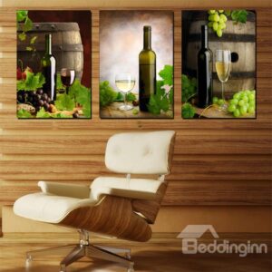 Wonderful Wine Bottle and Glasses and Grapes Canvas 3-Panel Wall Art Prints