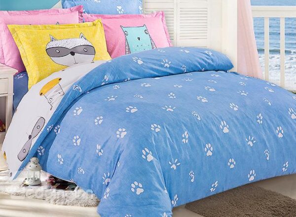 Super Cute Light Blue Paws Pattern Kids Duvet Cover Set