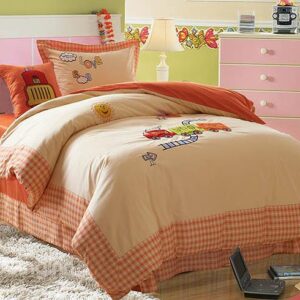 100% Cotton Warm Color Rail Way and Train Embroidered Kids Duvet Cover Set