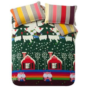 Adorable Owls and Christmas Tree in the Snow Pattern Kids Duvet Cover Set