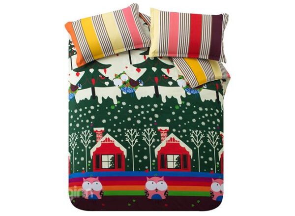 Adorable Owls and Christmas Tree in the Snow Pattern Kids Duvet Cover Set