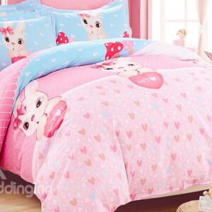Pink Heart Shape Pattern Rabbits Print Kids Duvet Cover Set