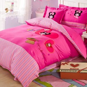 Pink Stripes Pattern Girl with Bowknot Print Kids Duvet Cover Set