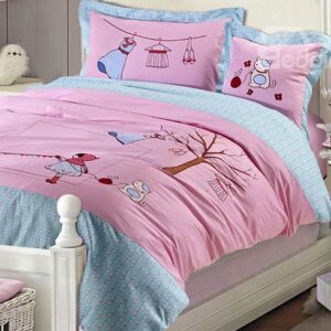 100% Cotton Pink Lovely Girl and Cat Print Kids Duvet Cover Set