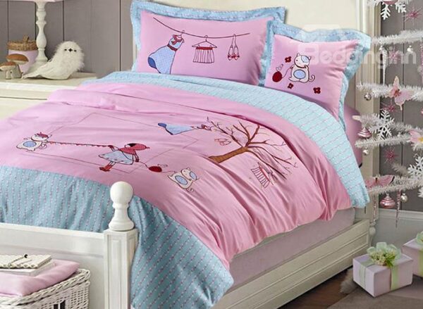 100% Cotton Pink Lovely Girl and Cat Print Kids Duvet Cover Set