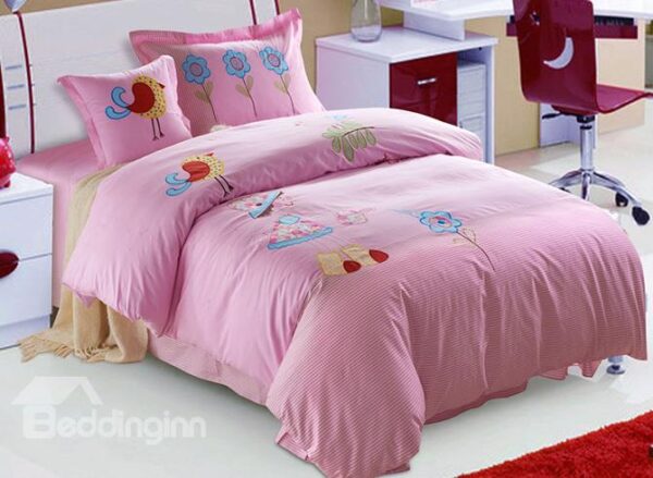 100% Cotton Lovely Flowers and Birds Print Kids Duvet Cover Set