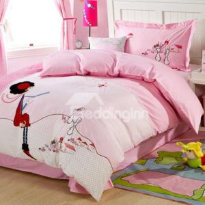 100% Cotton Girl and Rabbit Embroidered Kids Duvet Cover Set