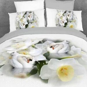 Graceful White Lotus Swans Print Cotton 4-Piece Duvet Cover Sets