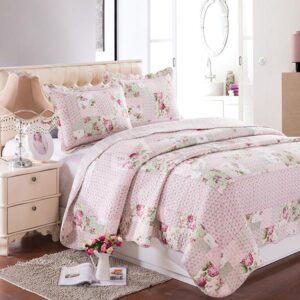 Adorable Pink Flowers Comfy Quilting Seam 3-Piece Bed in a Bag