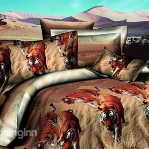 Vigorous Tigers Wandering in Grass Print 4-Piece Duvet Cover Sets