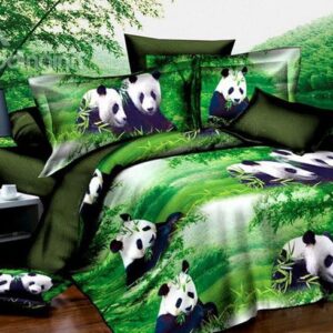 Cute Pandas Eating Bamboo Print Green 4-Piece Duvet Cover Sets