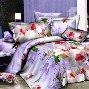 Graceful White Flowers Print Lilac 4-Piece Duvet Cover Sets