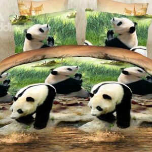 Lovely Pandas Playing in Water Print 4-Piece Duvet Cover Sets
