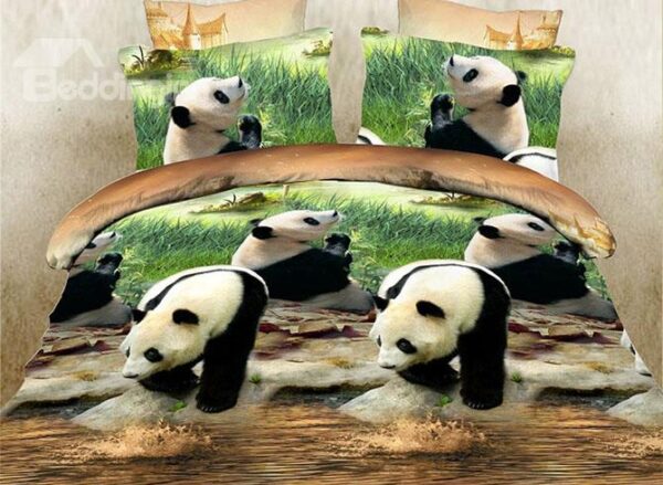 Lovely Pandas Playing in Water Print 4-Piece Duvet Cover Sets