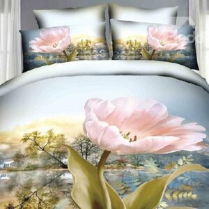 Pink Flowers Village Scenery Print Cotton 4-Piece Duvet Cover Sets