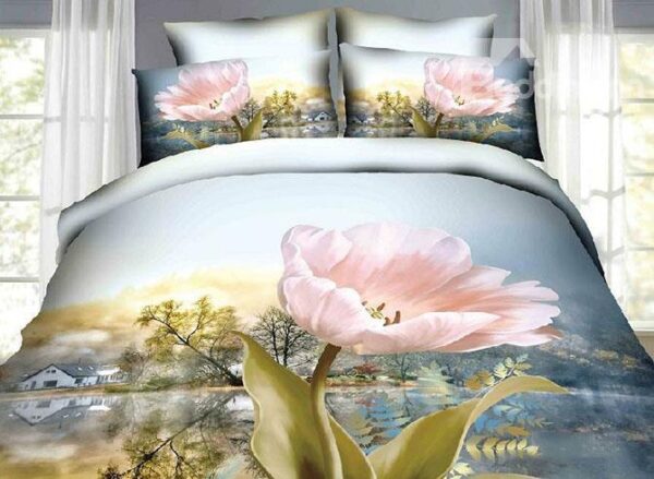 Pink Flowers Village Scenery Print Cotton 4-Piece Duvet Cover Sets