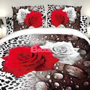 White and Red Roses Leopard Design Polyester 4-Piece Duvet Cover Sets
