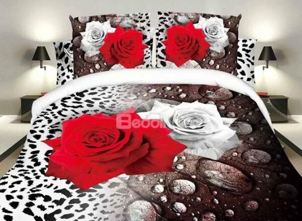 White and Red Roses Leopard Design Polyester 4-Piece Duvet Cover Sets