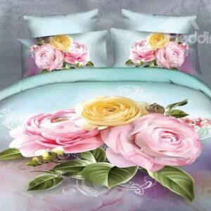 Pink and Yellow Flowers Print Polyester 4-Piece Duvet Cover Sets