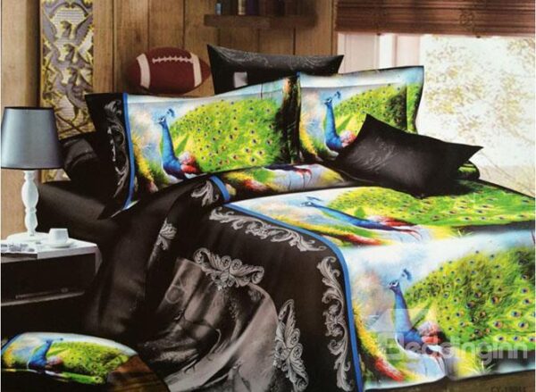 Peacocks Print Noble Jacquard 4-Piece Polyester Duvet Cover Sets