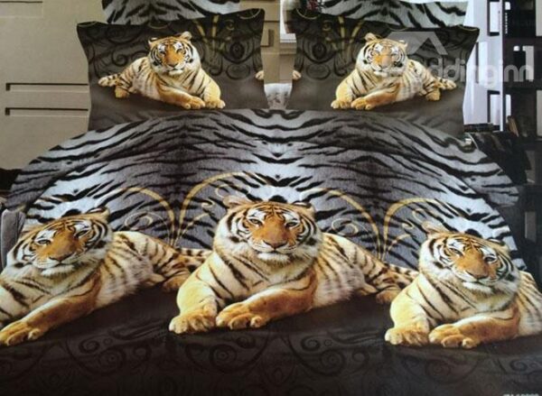 Vigorous Crouches Tigers Print Polyester 4-Piece Duvet Cover Sets
