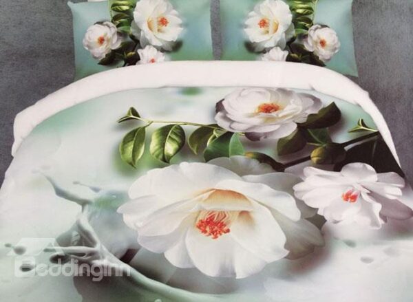Pure White Flowers Print Polyester 4-Piece Duvet Cover Sets