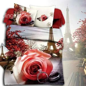 Eiffel Tower Romantic Rose & Ring Print 4-Piece Duvet Cover Sets