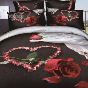 Romantic Rose Petals Print Cotton Black 4-Piece Duvet Cover Sets
