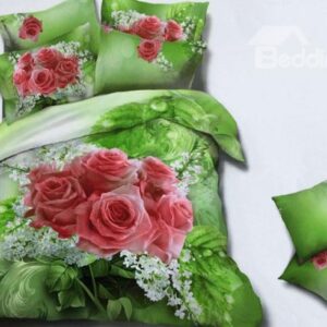 Romantic Rose and White Small Flowers Print 4-Piece Green Duvet Cover Sets