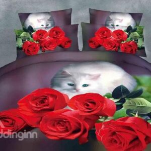 Cute Cat Staring Rose Print Polyester 4-Piece Duvet Cover Sets