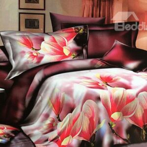 Graceful Red Magnolia Print 4-Piece Polyester Duvet Cover Sets