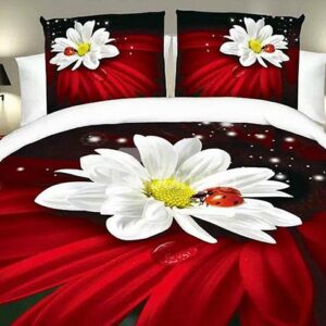 Ladybird on White Flowers Print Red 4-Piece Duvet Cover Sets