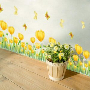 Beautiful Yellow Tulips and Butterfly Skirting Line Removable Wall Stickers