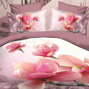Graceful Pink Magnolia Print Polyester 4-Piece Duvet Cover Sets