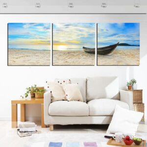 Deserted Boat on the Beach in Sunset 3-Panel Canvas Wall Art Prints