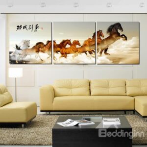 Fantastic Horses Galloping Forward Home and Office 3-Panel Canvas Wall Art Prints