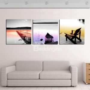 Deserted Boat and Chair Near Lake in Sunset 3-Panel Canvas Wall Art Prints