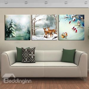 Festival Snowy Forest and Deer 3-Panel Canvas Wall Art Prints