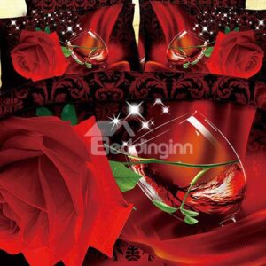 Shining Red Rose Red Wine Print 4-Piece Cotton Duvet Cover Sets